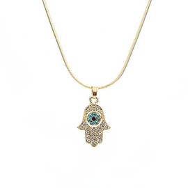 Meiligo® Fashion Womens Hip-hop Blue Evil Eye Necklace Jewelry Rhinestone Protective Hand of Fatima Palm Pendant Necklace (Gold)