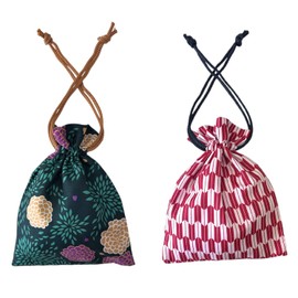 Japan Style Drawstring Pouch Japanese Fabric Kinchaku Pouch Cosmetic Bag Set of 2 Designs (Vertically Long)