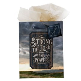 Christian Art Gifts Medium Portrait Inspirational Scripture Gift Bag, Tag & Wrapping Tissue Paper Set for Men & Women: Strong in the Lord Bible Verse Scenic Dark Blue Design, Satin Ribbon Handles