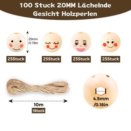 Furuising Pack of 100 4 Styles Wooden Beads with Face, 20 mm Round Wooden Balls with Face, Wooden Balls with Hole Natural Wood Beads with 10 m Jute Cord for Worry Worms DIY Jewellery Bracelet