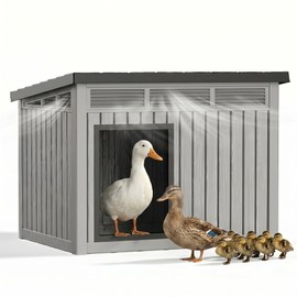 VIXZEN Chicken Coop, Resin PP Material Outdoor Duck House, Wood Grain Finish Sloped Roof Poultry Shelter, Gas Strut Top Opening Ventilated Duck Coop with Spacious Interior & Easy Assembly，Gray