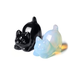 JSDDE Pack of 2 Cat Figure Decoration, Gemstones Cat, Crystal Cat, Healing Stones Decoration for Cat Lovers, Decoration for Home, Office, Room (Obsidian + Opal)
