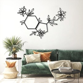 Serotonin Metal Wall Art, Flowered Serotonin Molecule, Symbol of Happiness Wall Art, Serotonin Molecular Formula, Metal Wall Art, Serotonin Molecule Sign, Living Room Bedroom Wall Hanging (27"x 18"| 71x48cm, Sliver)