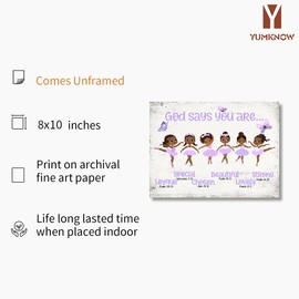 God Says You Are Christian Bible Verses - Rustic Purple Ballerina Baby Girl Room Decor - Black Afro African American Girl Wall Art - Religious Room Decor for Toddler Nursery Bedroom Decor - 8x10 Print