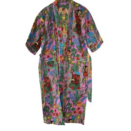 Rajbhoomi 100% Cotton Dressing Gowns for Women & Men,100% Indian Cotton,Lightweight Summer Kimono Bathrobes, Organically Grown, Ethically Made. Fits UK 10-18 (Pink Women Print)