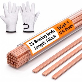 TEHAUX 25pcs 15% Silver Brazing Rods AWS BCuP-5, Silver Solder Flat Welding Rods with a Pair of Gloves, 0.05"x1/8"x10" for Air Conditioning, Refrigerator, Industrial, and HVAC Units
