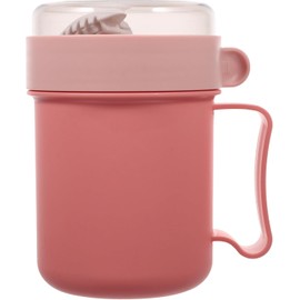 Taza de Desayuno Portátil Rosa con Tapa y Cuchara para Avena Recipiente para Yogurt y Granola, Plástico Compacto Antifugas, Contenedor para Comida y Sopa, Uso Diario
