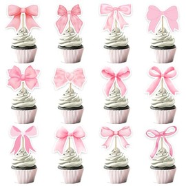 24 Pack Pink Bow Cupcake Toppers Bowknot Cupcake Toppers Cute Dessert Bow Tie Picks for Princess Girls Birthday Baby Shower Party Wedding Bridal Engagement Party Decorations