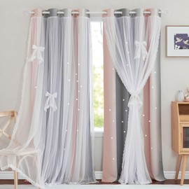 NICETOWN Kids Curtains for Girl Bedroom with Sheer Curtains 84 inch Length for Living Room/Nursery (2 Panels, 52 inches Wide, Pink Grey)