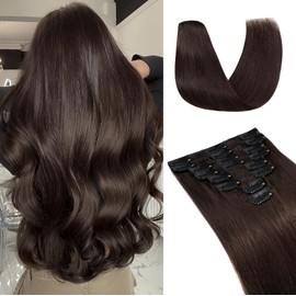 UK-Fashion-Shop Clip in Hair Extensions Real Human Hair Brown Remy Hair Extensions Clip in 8Pcs Seamless Skin Weft, 14 Inch #02 Dark Brown