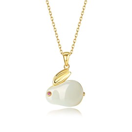 SLOEFY 14K Gold Rabbit Necklace for Women, Natural Jade Pendant Necklace, Beautiful Chinese New Year Jewelry Gift (Yellow Gold, 14K)