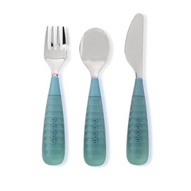 NumNum Toddler Utensils, Pre-Spoon, Fork, Spoon & Knife GOOtensils - 4th Stage Silverware Feeding Kids Aged 2+ Years w/Stainless Steel Heads - Silicone Food Feeding Supplies - Set of 3, Sea Green