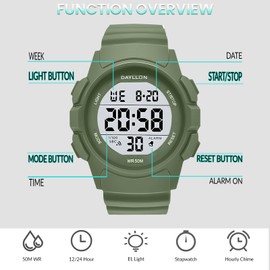 Dayllon Watch for Men Digital Sports Watches Waterproof Military Multifunction Chronograph Stopwatch Wristwatch with LED Backlight/Alarm/Date (Green)