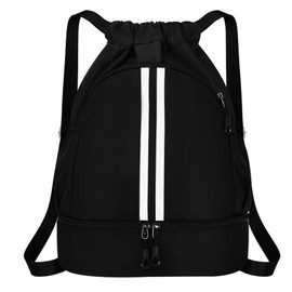 Sports Backpack Waterproof Adjustable Fashion Sports Backpacks Sports Bag Gym Bag Large Capacity Basketball Football Bag with Bottom Compartment and Wide Drawstring for Women Men Junior (Black), black