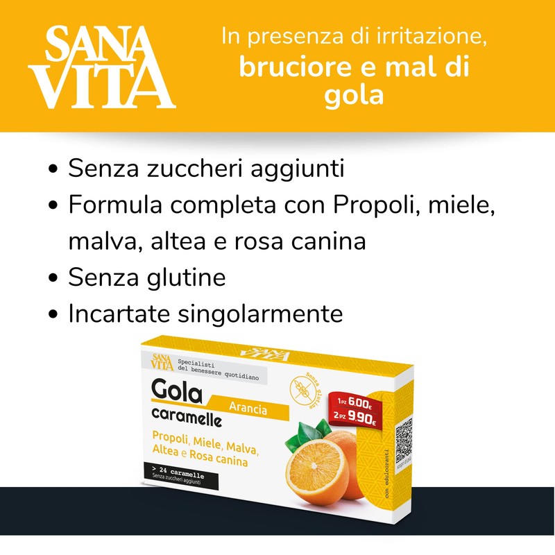 Sanavita Gola Arancia Confezione da 24 caramelle Incartate singolarmente