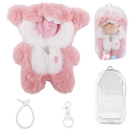 Doll Clothes Set, Pink Shark Plush Doll Clothes & Waterproof Transparent Displaying Bag with Pom Pom Keychain Cute Outfit Kit for 6.7in Dolls (Only Outfit)