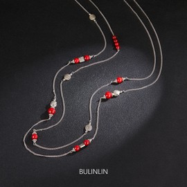 BULINLIN Layered Silver Long Necklace for Women Turquoise Stone Beaded Strand Sweater Chain Necklaces Fashion Costume Jewelry Gifts for Mom(Red turquoise)