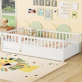 Twin Floor Bed with Slats, Twin Size Floor Bed with High Fence and Door, Montessori Floor Bed Twin Size, No Box Spring Needed, Easy Assemble Floor Bed, Wood Montessori Bed Twin Size(White Twin)