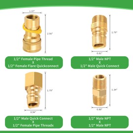 1/2" QDD LP Natural Gas Quick Connect Fittings, Natural and Propane Gas Hose Quick Connect/Disconnect Plug Set, 100% Solid Brass with Dust Cover