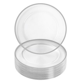 Goodluck 12 Inch Silver Charger Plates, 50 Pack Clear With Silver Trim, Disposable Plastic for Dinner, Wedding, Party