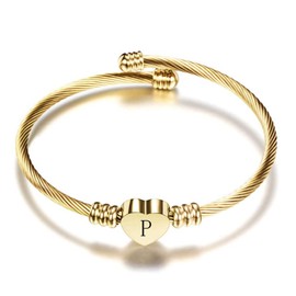 MiiFort Women's Initial Name Gold Cuff Bangle Letter P Bracelet Love Heart Stainless Steel Family Sister Daughter Granddaughter Birthday