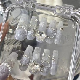 Nail Apparel Hand Made Long Ballet Press on Nails-Luxury UV Finish Manicure 10Pcs, Various Size (Large (Pack of 10), White Pearl Rhinestone Chain Snowflake)