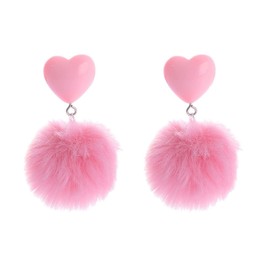 Heart Pom Pom Drop Earring Resin Heart Colorful Faux Fur Round Ball Dangle Earring Cute Heart Pom Pom Earring Valentines Jewelry Gift for Women -Pink