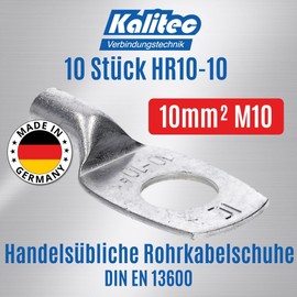 Kalitec HR10-10 Standard Tube Cable Lugs 10 mm² M10 I without Viewing Hole I Made in Germany Pack of 10