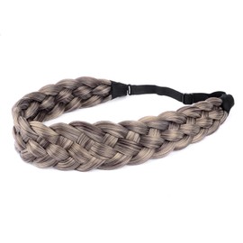 BOBIYA 5 Strands Synthetic Hair Braided Headband Classic Chunky Wide Braided Braids Elastic Stretch Hairpiece for Women Girls (Grey/Brown)