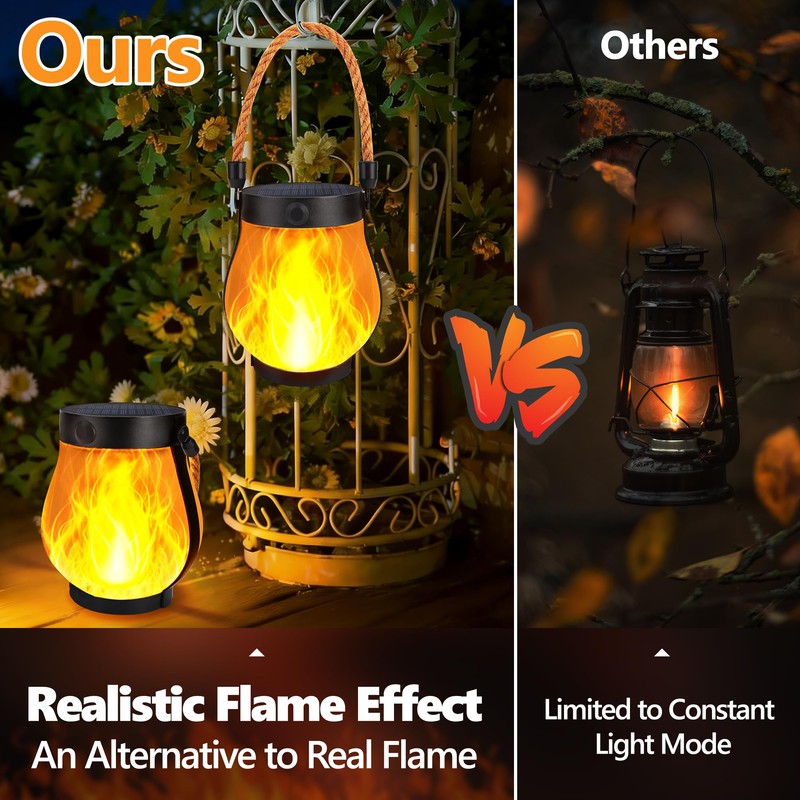 Toodour Solar Lanterns Outdoor, 2 Pack Flickering Flame Hanging Lantern