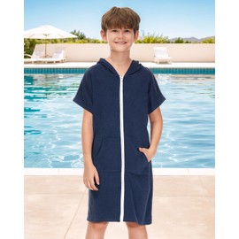 BesserBay Children's Short Sleeve Bath Poncho Hooded Surf Poncho Towel Terry Cloth with Zip and Pockets Unisex 120-160, navy