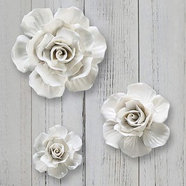 ALYCASO Rose Ceramic Flower Wall Décor Artificial 3D Flower Wall Art for Living Room Home Hallway Bedroom Kitchen Farmhouse Bathroom Dining Room, White, 5.51 inch