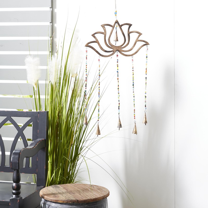 Deco 79 Eclectic Mango Wood Lotus Windchime with Bells, 15"L