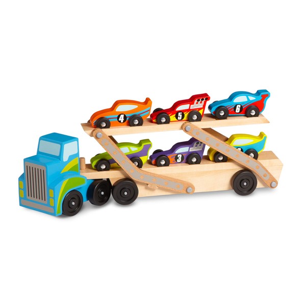 Melissa & Doug Mega Race-Car Carrier - Wooden Tractor and Trailer With 6 Unique Race Cars