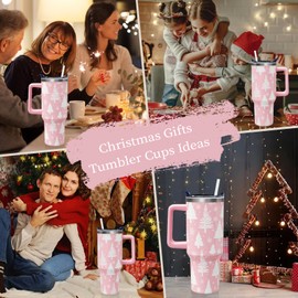 Aokoyi White Christmas Trees 40oz Tumbler Cup with Handle and Straw, Retro Xmas Snowflake Gifts for Women Girls, Winter Holiday Stainless Steel Water Bottle 1PC