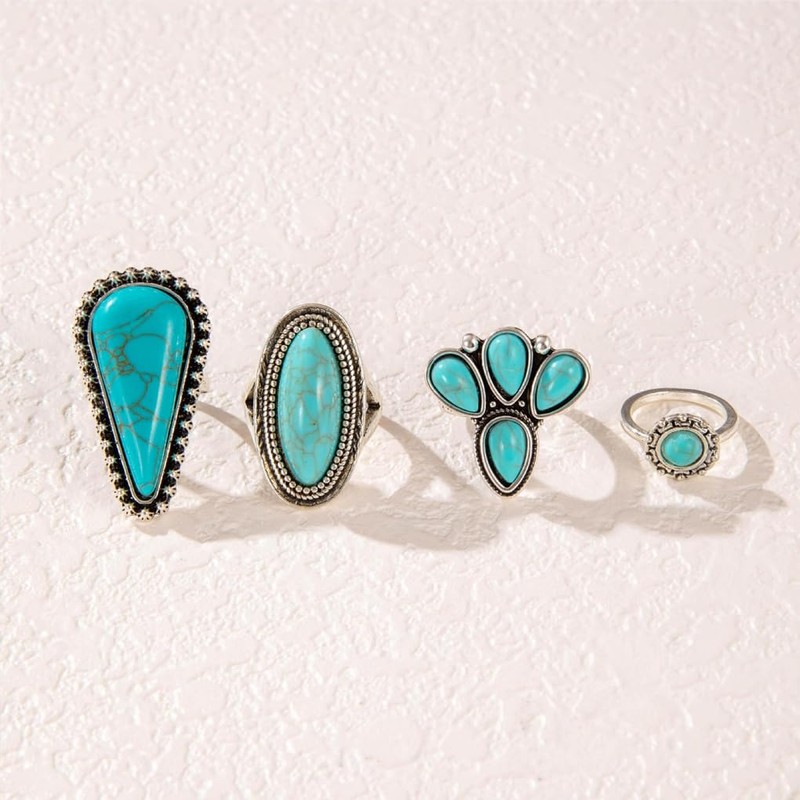 Navirix Vintage Turquoise Western Rings for Women,Exaggerated Chunky Oval Floral