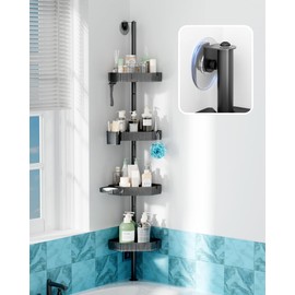 UNEEDE Corner Shower Caddy Pole with 4 Bathroom Organizer Shelves, Toothbrush Holder, Razor Hook & Soap Dish - Dual Mounting (Screws/Acrylic Film), 11lb Capacity, Rustproof 45.3in Shower Storage