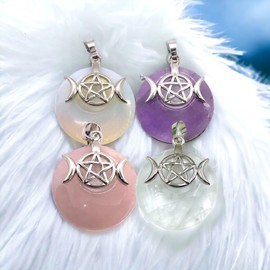 Steinfixx® - Rose Quartz Doughnut with Powerful Decoration - Triple Moon and Pentagram | Wicca | Original Power | Light | Strong Protection Symbol, Silver-plated stainless steel Rose Quartz, Quartz