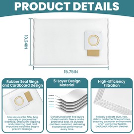 Zookpr 191C26-2 Filter Bag for Makita 18V X2 LXT Backpack Vacuum Models XCV17 and XCV18, Powerful Filtration, Long-Lasting and Durable, 10-Pack