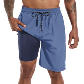 FT FENTENG Mens Swim Trunks with Compression Liner, Men Bathing Suit Swimming Trunks 9 Inch Inseam Board Shorts Men's Swimwear with Zipper Pockets, 4 Way Stretch Beach Shorts Quick Dry Swimsuits, XL