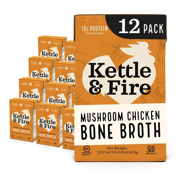 Kettle and Fire Mushroom Chicken Bone Broth, Keto, Paleo and Whole 30 Approved, Gluten Free, High in Protein and Collagen, 12 Pack