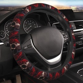 Mlanxi Gothic Rose Blood Skull Elastic Steering Wheel Cover for Women Men, Universal 15 Inch Anti Slip Auto Car Wrap Cover