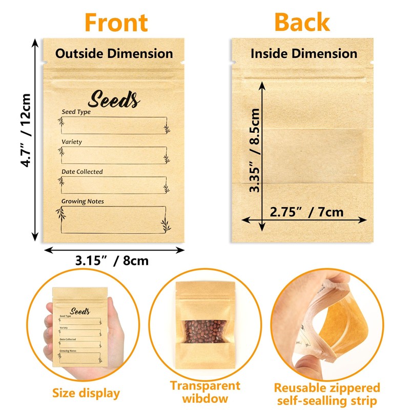 YHNTGB 100pcs Seed Envelopes Resealable with Clear Window Kraft Paper