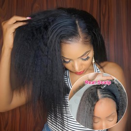 Prtyopp Kinky Straight V Part Wig Human Hair 24 inch Upgrade U Part Wig Yaki Straight Clip in Half Wigs for Black Women 180% Density Natural Color