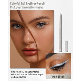 Silver Glitter Eyeliner Pencil Gel, Sharpenable Multi-Use Longwear Colorful Eye Liner, Waterproof Smudge Resistant, Cruelty Free Eye Brightener Pencil Makeup Pen with Sharpener, Delineador De Ojos-05