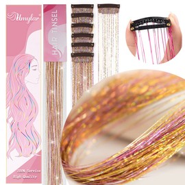 Hair Tinsel Pack of 12 Pcs Clip in Hair Tinsel 19.5 Inch Glitter Tinsel Hair Extensions, Festival Gift Tinsel Fairy Hair Extension Party Dazzle Hair Accessories Strands Kit (12Pcs,Gold Pink#)