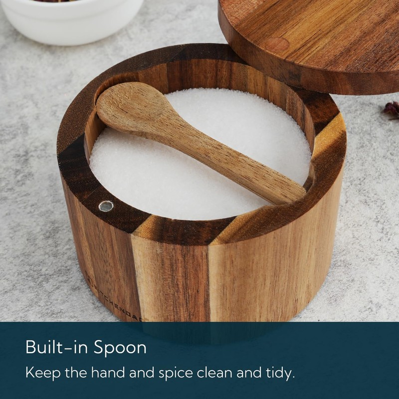 KITCHENDAO Acacia Wood Salt Cellar Bowl Box with Built-in Spoon