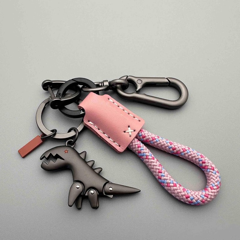 Aluminum Alloy Dinosaur Charm Paired with a Hand-woven Bracelet, Keychain