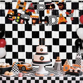 3 Pack Race Car Birthday Party Streamers Backdrops Decorations with Happy Birthday Banner, Checkered Black White Foil Fringe Curtain Photo Booth Props Racing Car One Happy Dude Party Decor Supplies