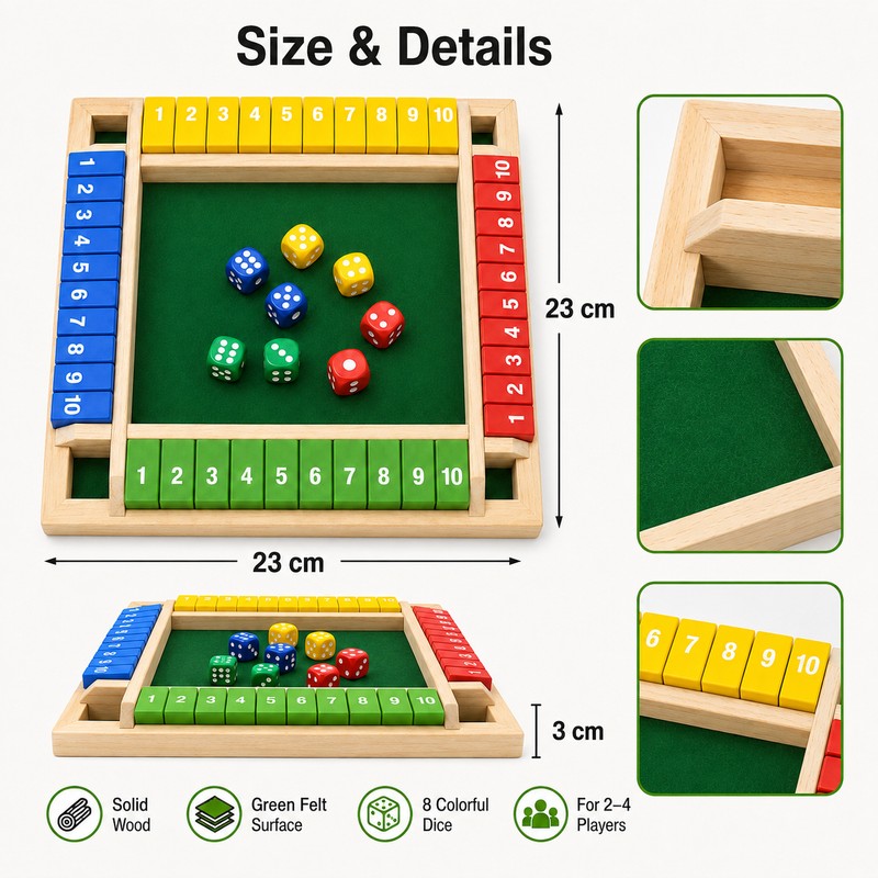Wooden Shut The Box Dice Game for 4 Players -
